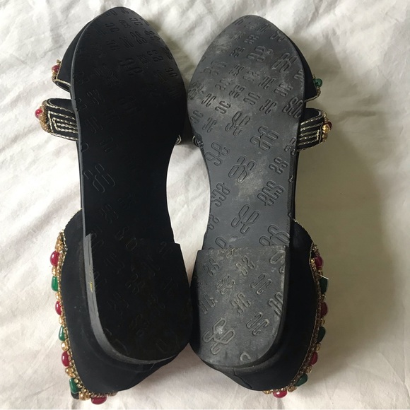 ECS Pointed Slip on Flat Sandals Black Suede Like Red/Green Beads Gold Diamanté - Picture 7 of 7